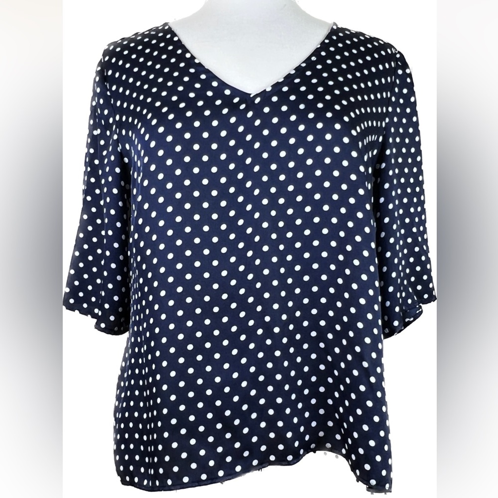 Coco Bianco XL Navy Blue Top with White Polka Dots & High Low Ducktail B…